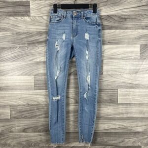 Soundgirl Jeans Womens 3 Blue Light Wash Distressed Skinny Y2K Raw Hem Mid Rise